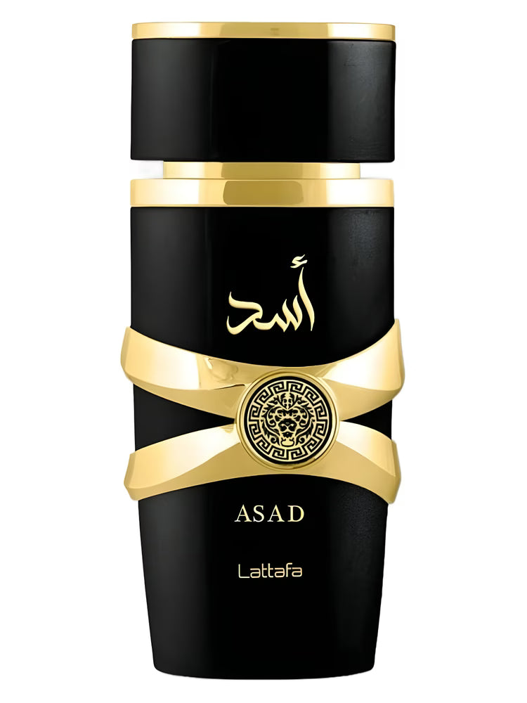 Lattafa Asad odlewka czarny flakon perfum z złotymi detalami i arabskim napisem