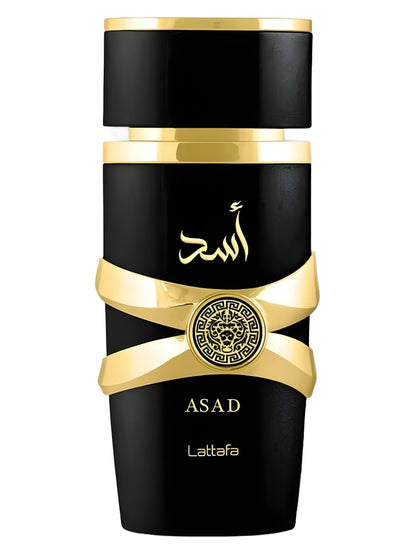 Lattafa Asad odlewka czarny flakon perfum z złotymi detalami i arabskim napisem