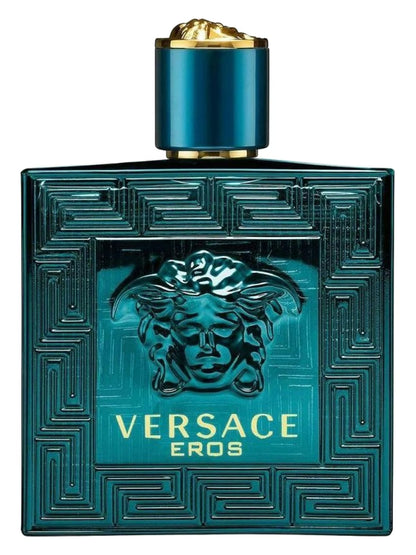 Butelka perfum Versace Eros w lazurowym, zdobionym flakonie z złotym korkiem